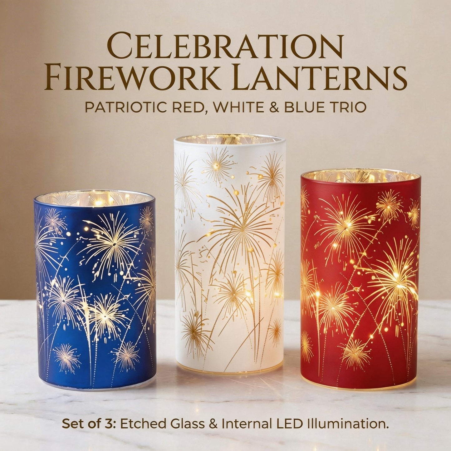 Celebration Firework Lanterns – Premium Patriotic Red, White & Blue Trio -$AC