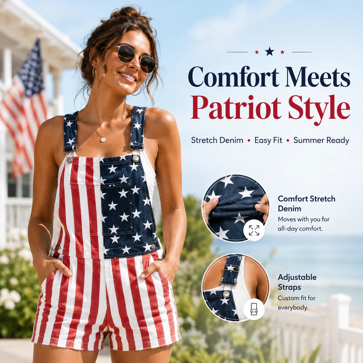 🎉Hot Sales 49% Off – 🇺🇸 Vintage Patriotic Denim Short Overalls ✨ Stars & Stripes Summer Romper -$AC