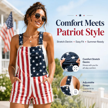 🎉Hot Sales 49% Off – 🇺🇸 Vintage Patriotic Denim Short Overalls ✨ Stars & Stripes Summer Romper -$AC