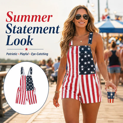 🎉Hot Sales 49% Off – 🇺🇸 Vintage Patriotic Denim Short Overalls ✨ Stars & Stripes Summer Romper -$AC