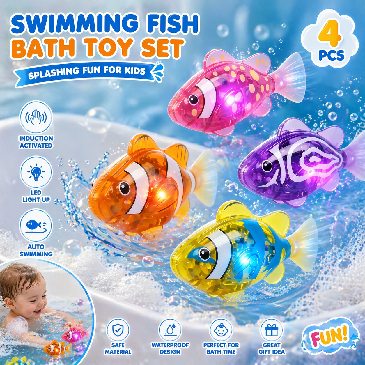 Swimming Fish Bath Toy Set – Splashing Fun for Kids 🐠💦4Pcs Induction Activated | LED Light Up | Auto-Swimming Bath Toy -$AC