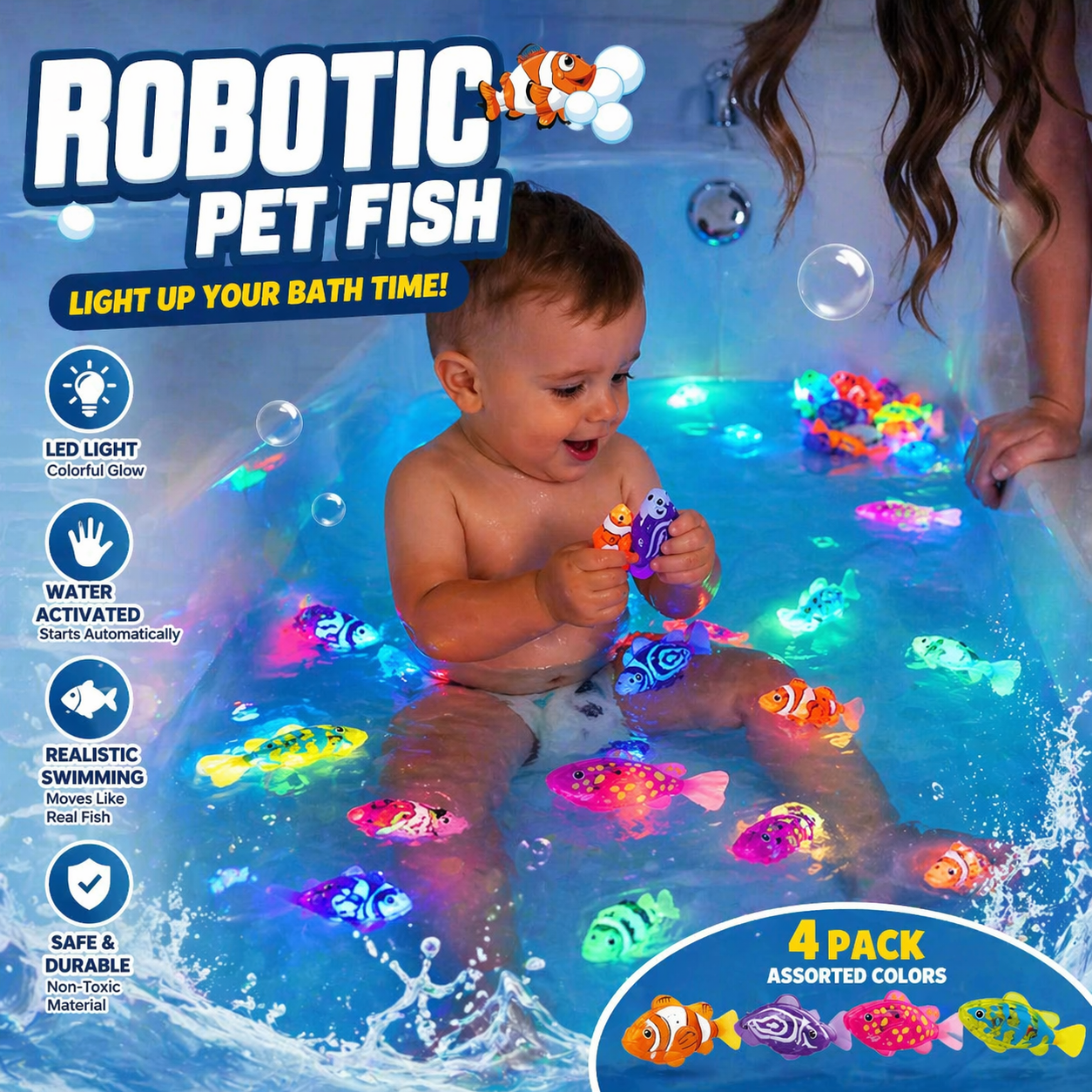 Swimming Fish Bath Toy Set – Splashing Fun for Kids 🐠💦4Pcs Induction Activated | LED Light Up | Auto-Swimming Bath Toy -$AC
