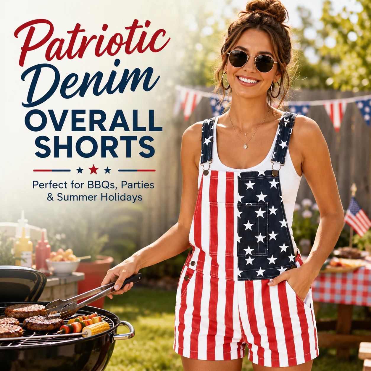 🎉Hot Sales 49% Off – 🇺🇸 Vintage Patriotic Denim Short Overalls ✨ Stars & Stripes Summer Romper -$AC