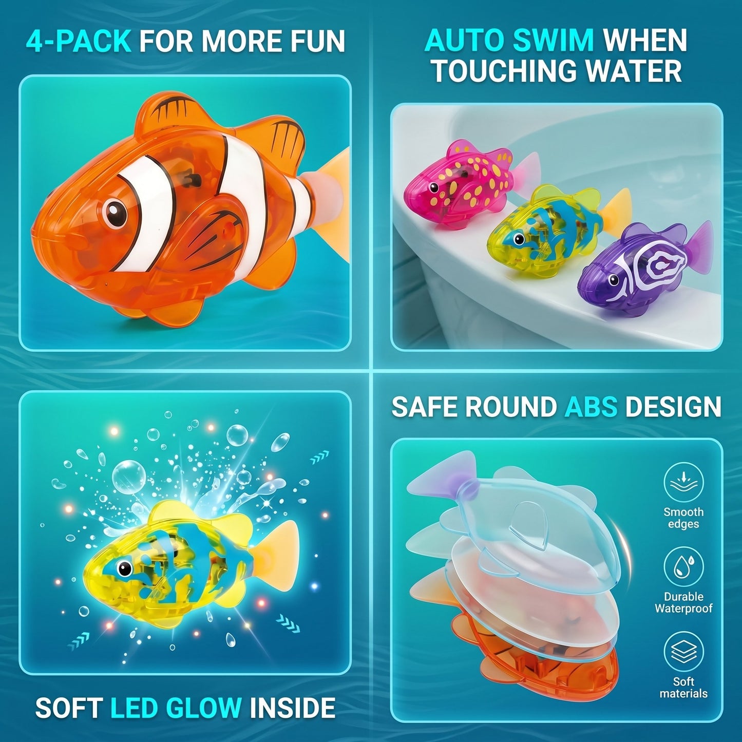 Swimming Fish Bath Toy Set – Splashing Fun for Kids 🐠💦4Pcs Induction Activated | LED Light Up | Auto-Swimming Bath Toy -$AC