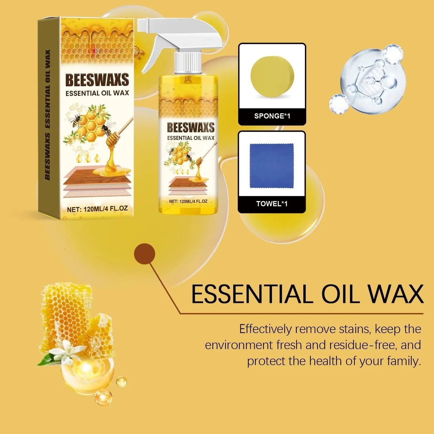 Beeswax Wood Polish Spray 120ml | Natural Shine & Protection for Furniture, Floors, Cabinets – Non-Greasy, Anti-Dust Finish-YH