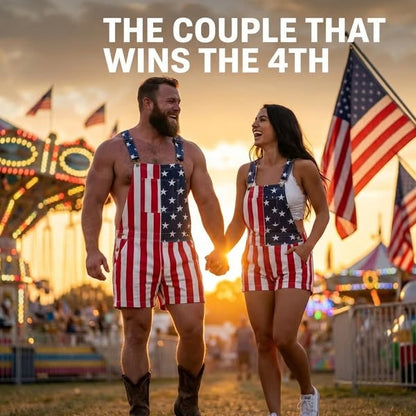 🎉Hot Sales 49% Off – 🇺🇸 Vintage Patriotic Denim Short Overalls ✨ Stars & Stripes Summer Romper -$AC